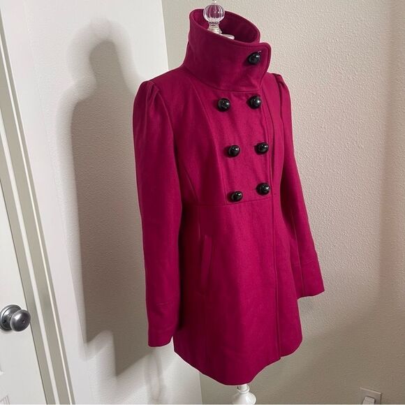 Guess Medium Magenta Pea Coat Wool Blend Cute Accents High Collar Mid Length - Picture 2 of 13